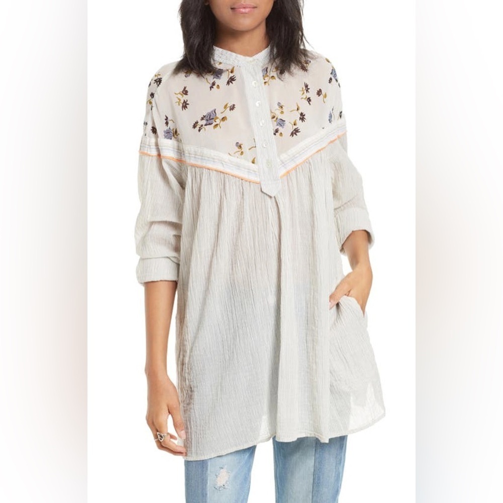 Free People Hearts & Colors Long Sleeve Shirt Size M Stripe Floral Pockets